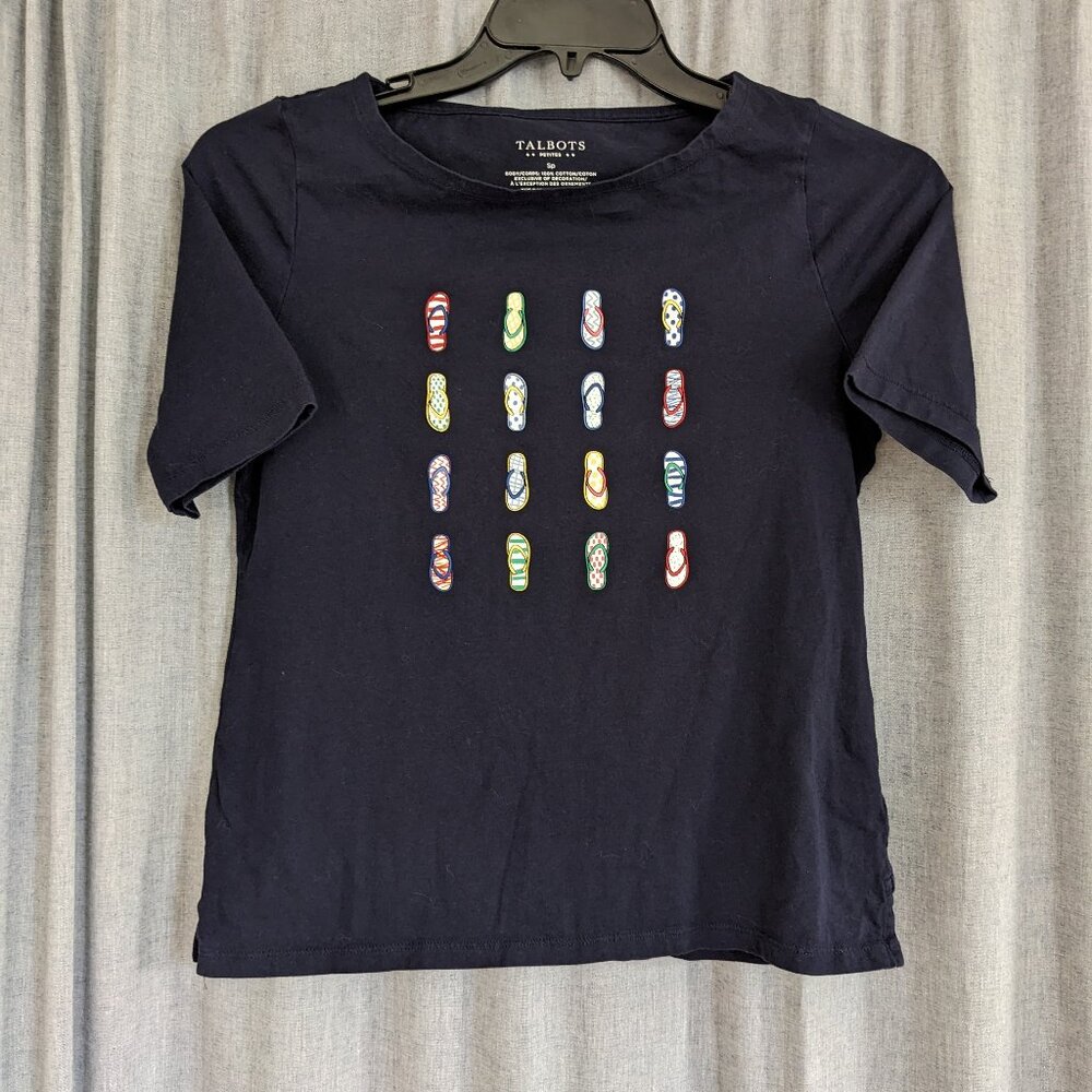 Talbots navy blue t-shirt flip flop graphic print Petite Small boat bateau neck